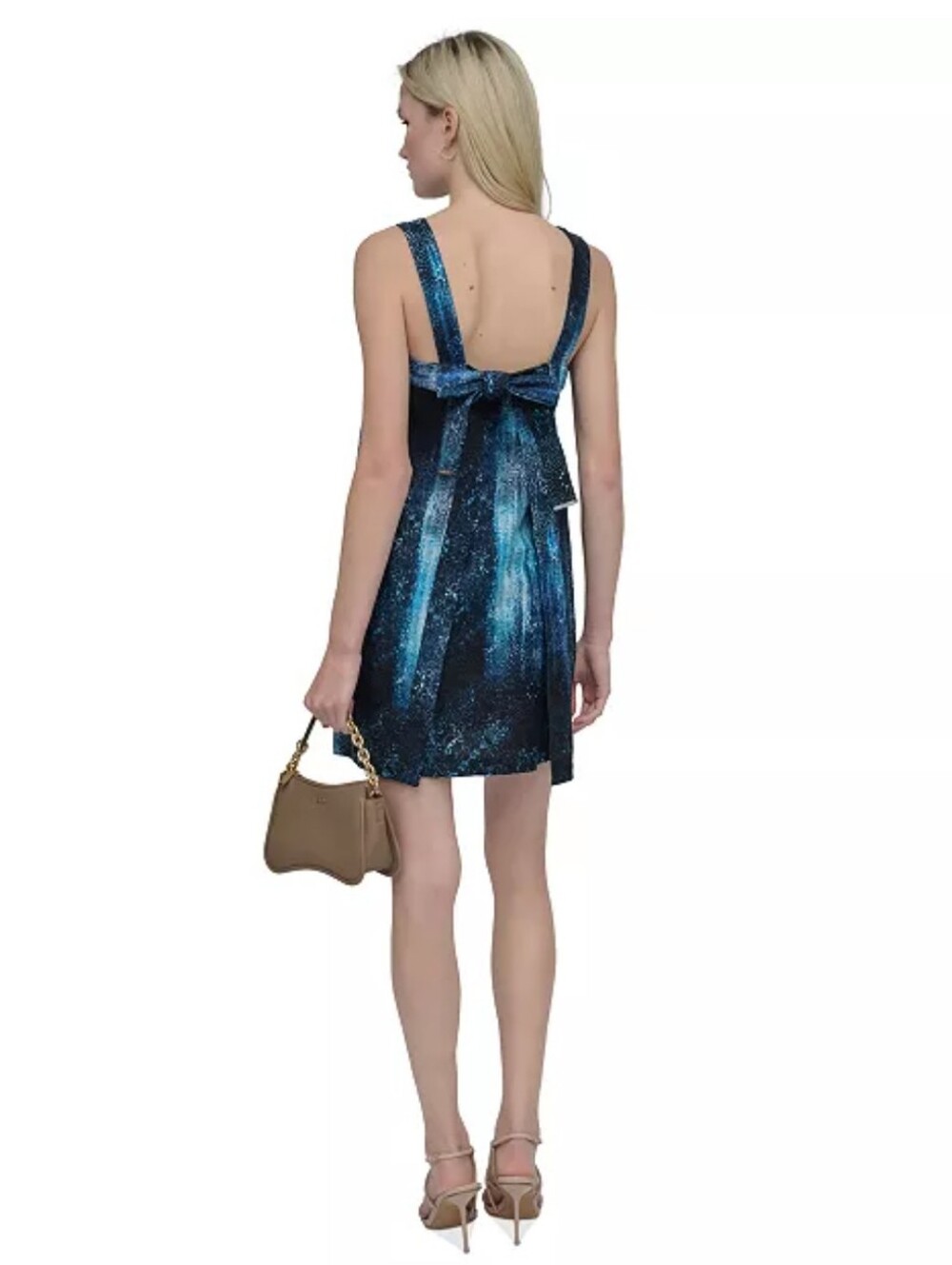 DKNY Blue Printed Shift Dress Size 10P Sleeveless Knee Length Bow NWT $138 - Picture 2 of 9